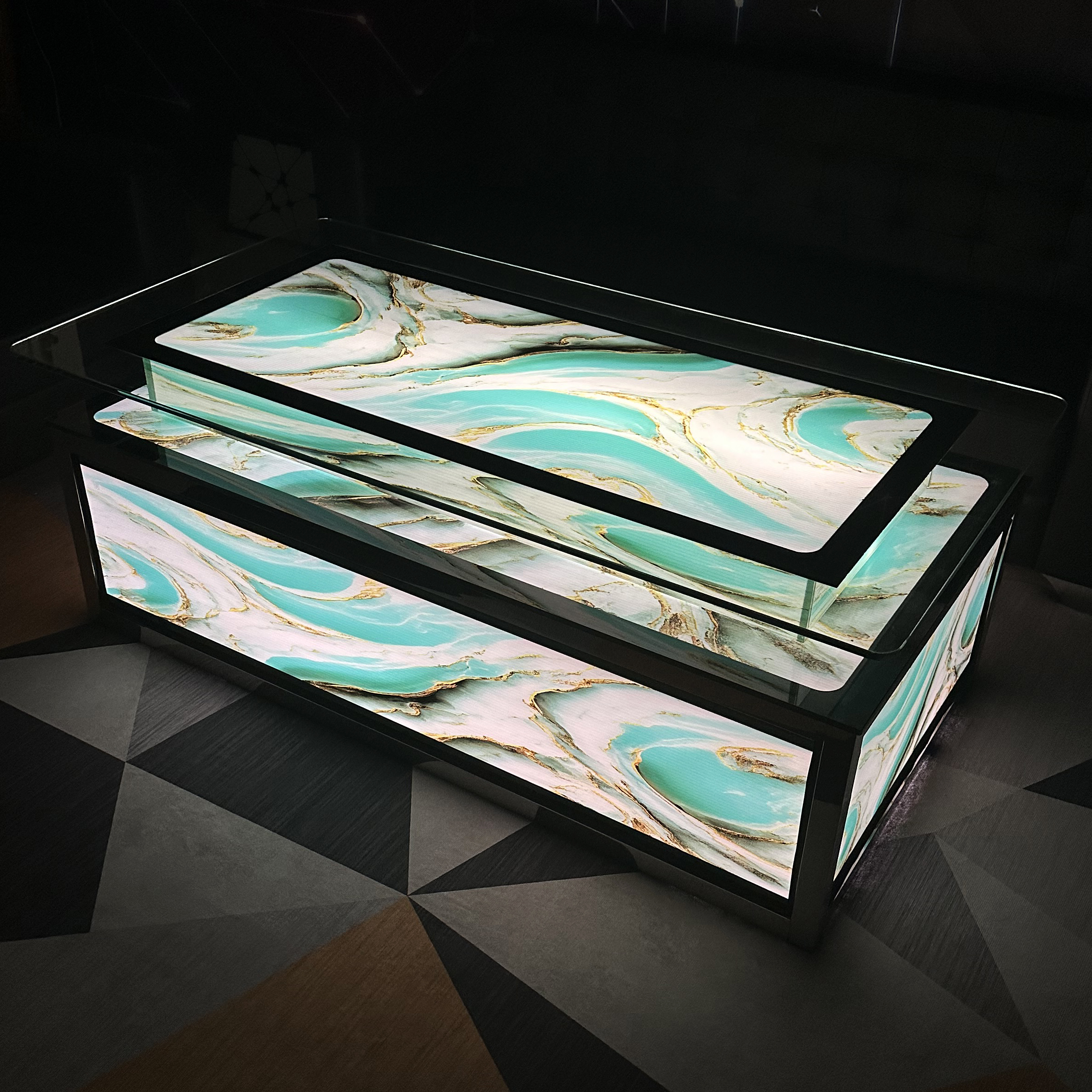 定制ktv茶几发光钢化玻璃不锈钢茶几七彩变色简约欧式会所酒吧台