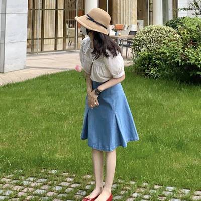 牛仔半身裙女春夏2025年新款小个子百褶裙高腰a字伞裙显瘦中长裙