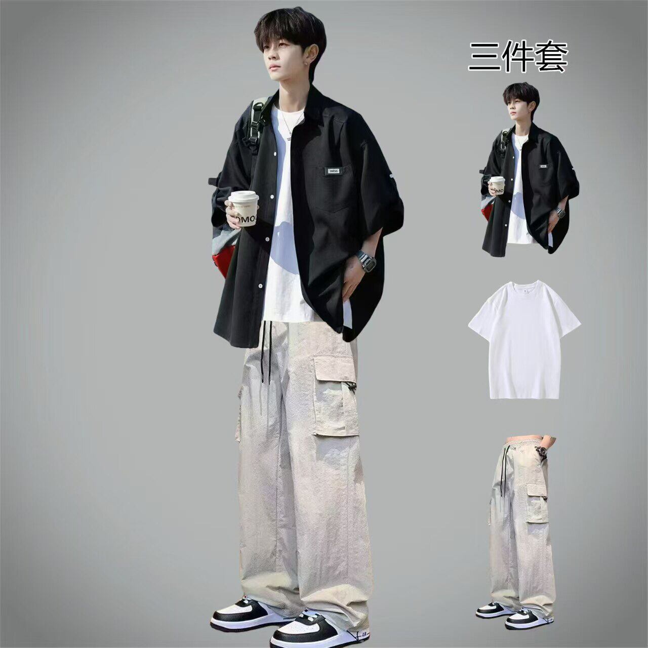 痞帅冰丝短袖衬衫男生休闲套装男装帅气潮流青少年学生一套搭配