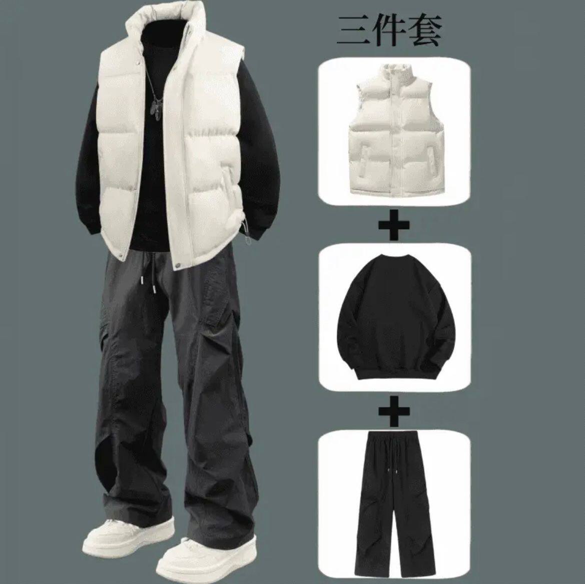 冬季美式保暖棉衣马甲男生痞帅穿搭无袖坎肩外套搭配工装裤三件套
