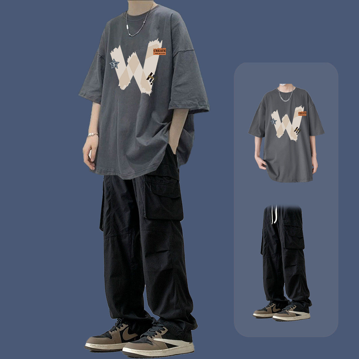 休闲套装男夏季薄款青少年纯棉短袖t恤潮牌一整套酷帅穿搭工装裤