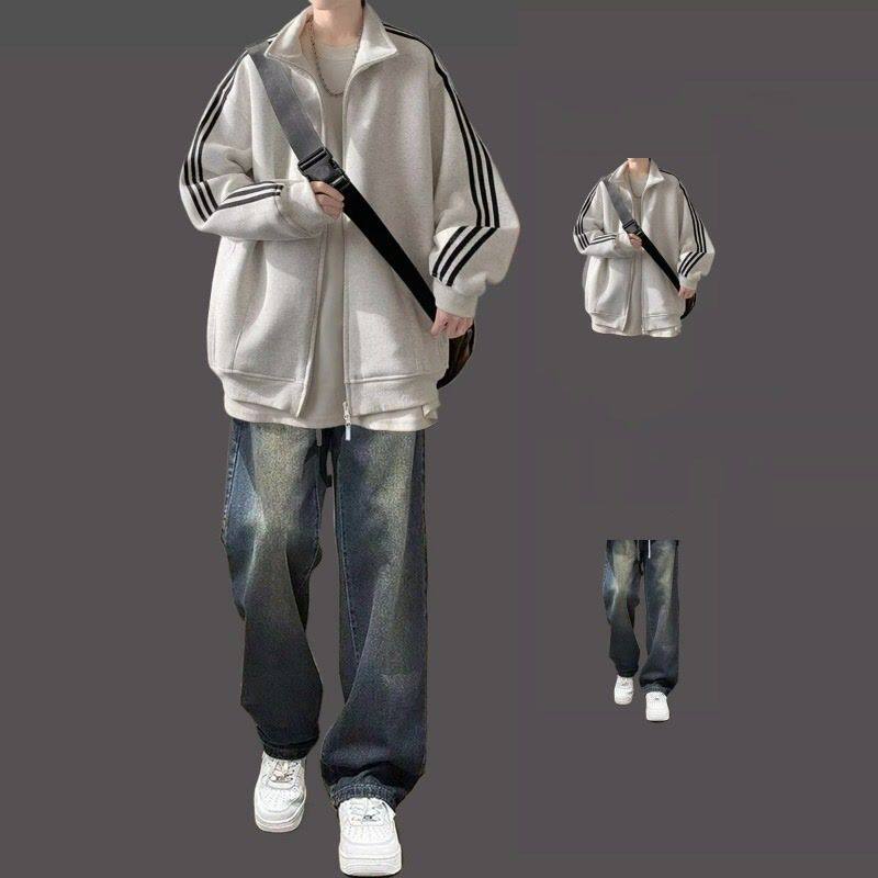 卫衣外套男新款2025春秋无帽立领运动开衫套装男生高级感两件套潮