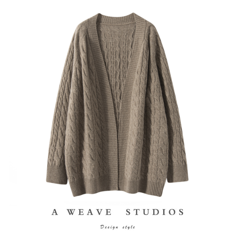 中长款绞花新款羊绒开衫女V领