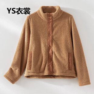 军绿色立领暗扣百搭长袖厚外套秋冬女装保暖摇粒绒短款开衫上衣女