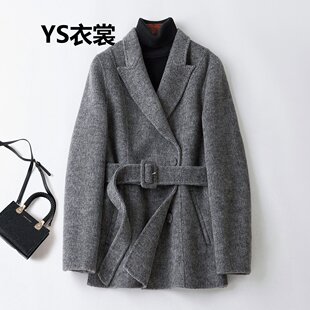 轻奢双面呢羊毛大衣女秋冬新款深灰色西装领小个子高端系带呢外套