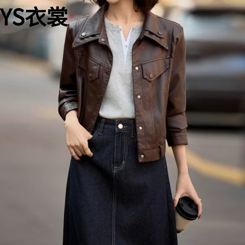 短款pu皮衣外套女2026新款春秋设计感酷飒风气质复古正肩机车夹克