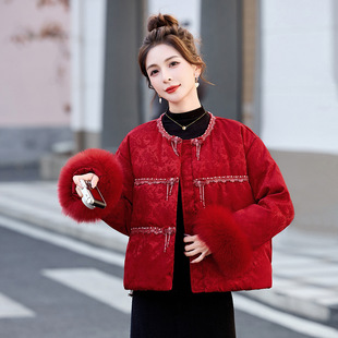 新中式盘扣羽绒服女2025冬季新款减龄袖口狐狸毛气质外套高级感