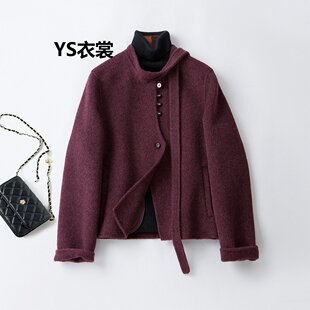 韩式气质高级感双面羊毛大衣女秋冬款时尚飘带小个子短款毛呢外套