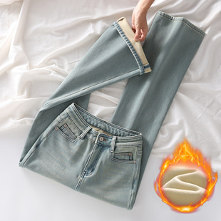 加绒高腰微喇牛仔裤 薇蝶儿冬季牛仔长裤 冰绿色弹性牛仔裤