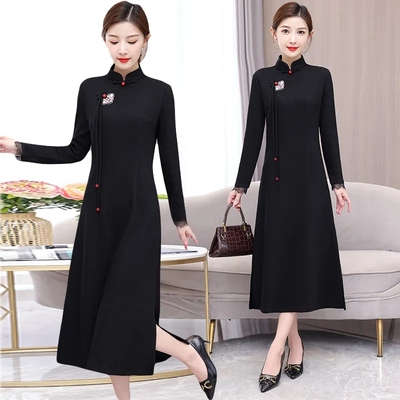 300斤大码女装改良旗袍长款裙子春秋冬季复古盘扣茶服加绒连衣裙