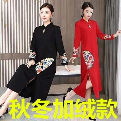 300斤胖mm大码刺绣改良旗袍裙子春秋冬宽松遮肚中长款绣花连衣裙