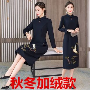 薄款/加绒改良旗袍连衣裙春秋冬大码女装300斤胖mm中长款打底裙子
