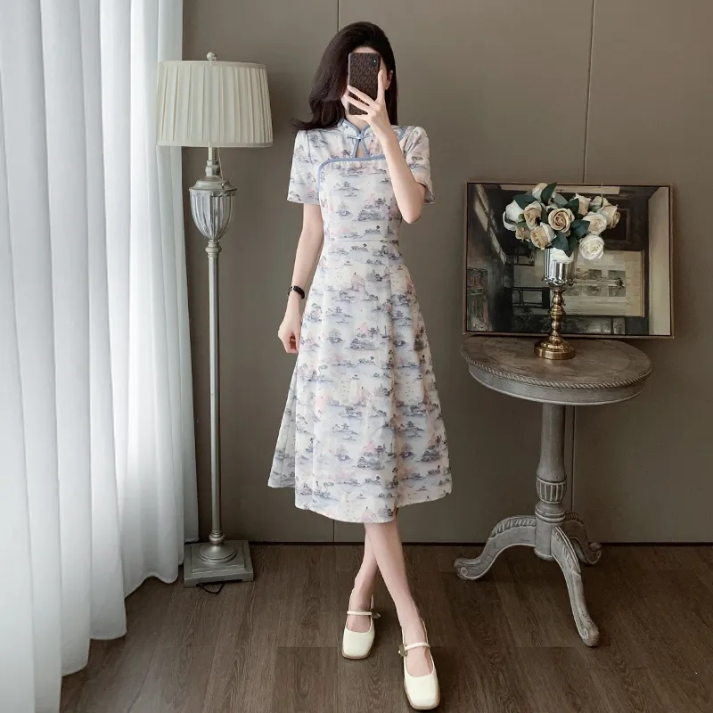 新中式国风大码女装300斤连衣裙夏新款显瘦收腰气质改良旗袍裙子
