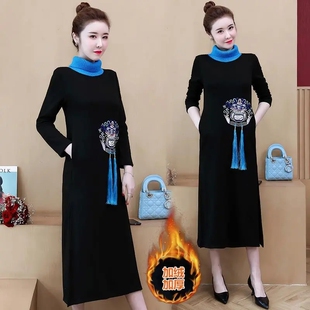复古秋冬季 加绒加厚连衣裙女 裙子改良旗袍宽松遮肚300斤胖mm大码