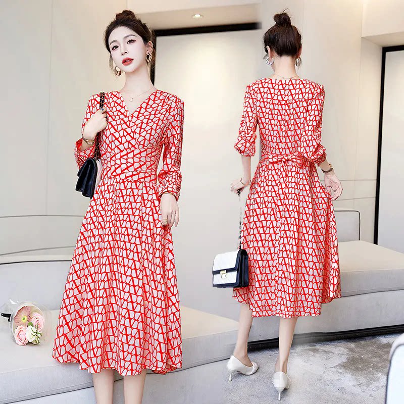 大码女装300斤新款印花气质裙子收腰修身显瘦中长款小香风连衣裙