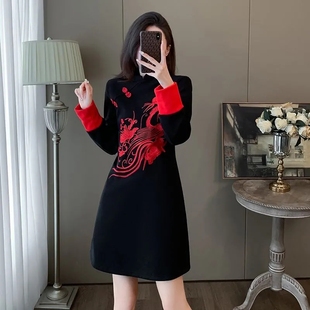 春秋冬气质改良旗袍国风新中式 连衣裙新款 打底裙子 300斤女装 大码