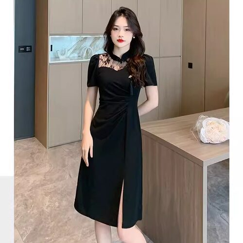 夏复古改良旗袍大码300斤裙子蕾丝拼接遮肉中长款新中式连衣裙女