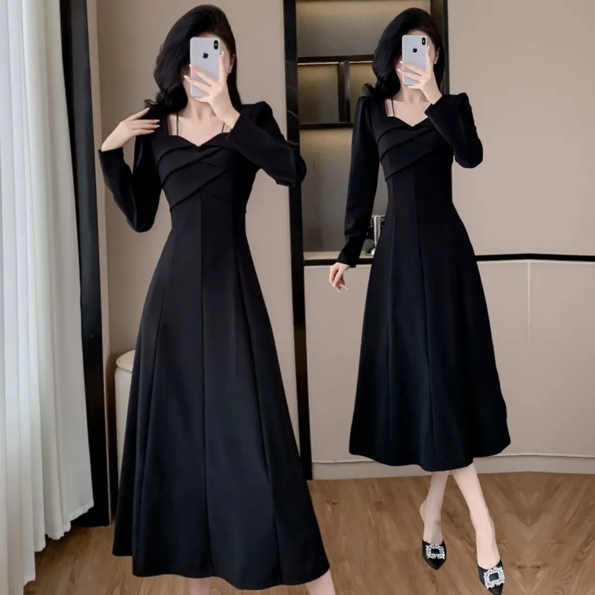 赫本风2024大码女装300斤小黑打底裙子春秋冬新款收腰气质连衣裙