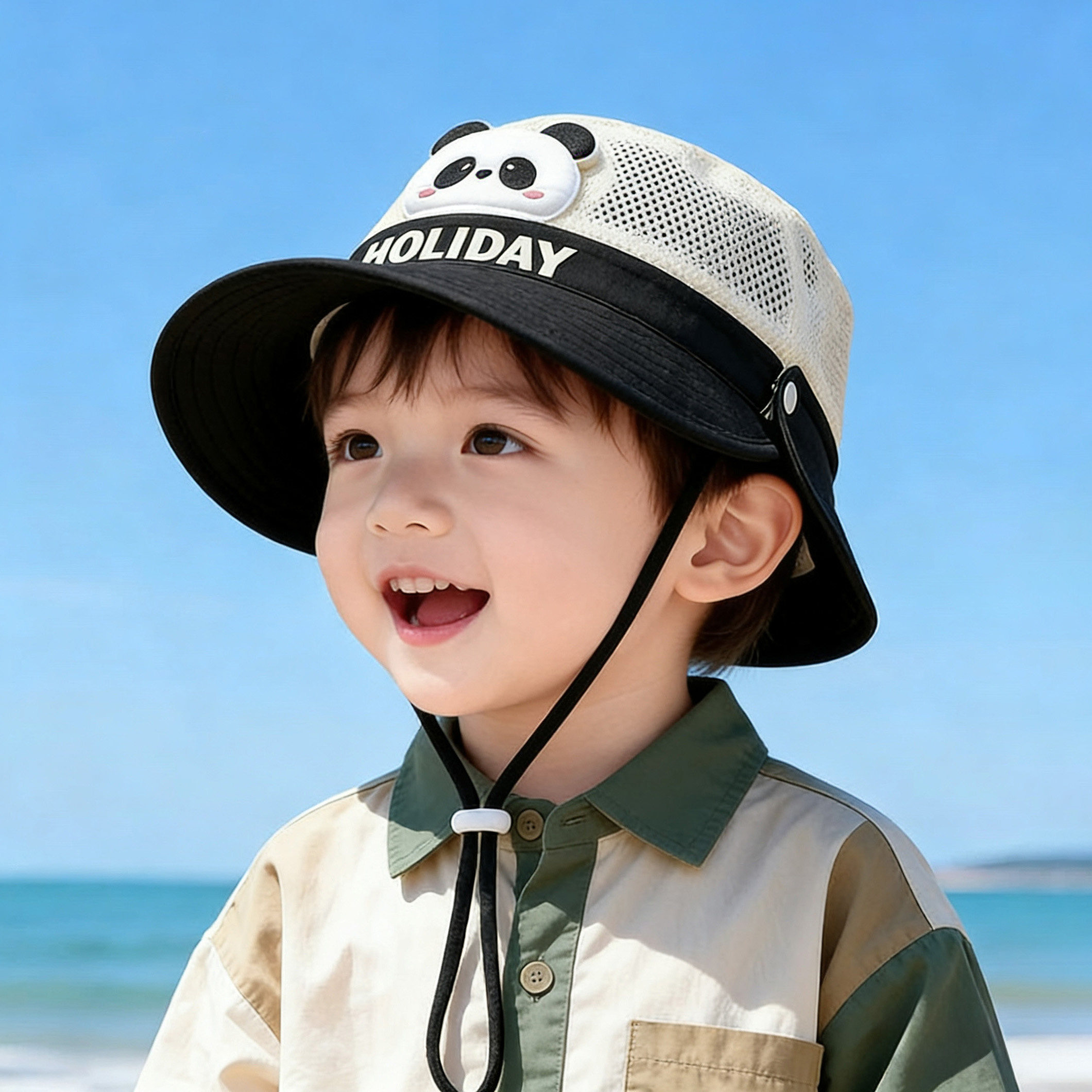 儿童帽子夏季卡通熊猫宝宝防晒帽女童网眼大檐渔夫男童透气遮阳帽