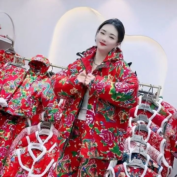 休闲东北风气质东北大花棉服套装冬季款热辣流行棉服加绒裤子套装