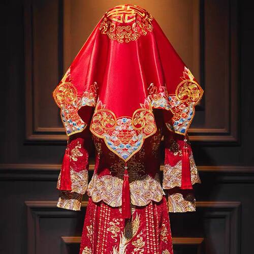 结婚头纱复古红色绣花缎面流苏刺绣喜帕新娘红盖头新款古风中式
