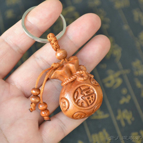 桃木雕福袋钥匙扣吊坠