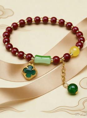 新款仿朱砂手链女款小清新四叶草送闺蜜高颜值百搭手链手串珠礼物