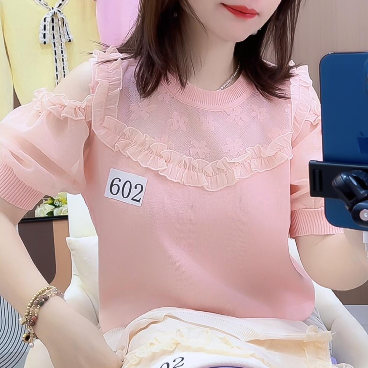 透视蕾丝花边拼接针织衫女202毛针织衫
