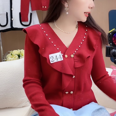 轻奢优雅风红色V领荷叶边针织衫