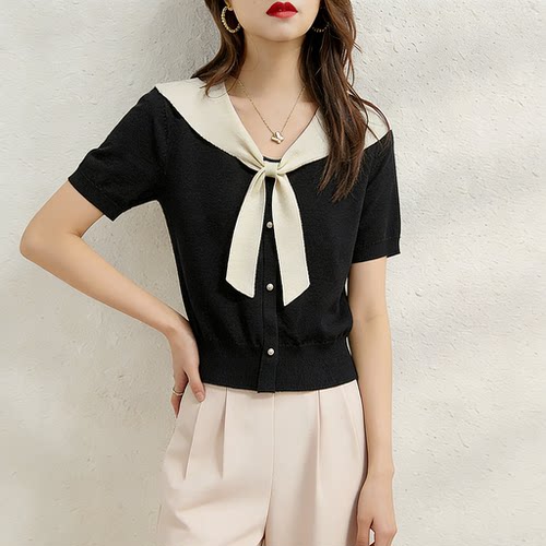 黑白撞色海军领短袖针织衫女2026年夏季新款莱赛尔天丝薄款上衣