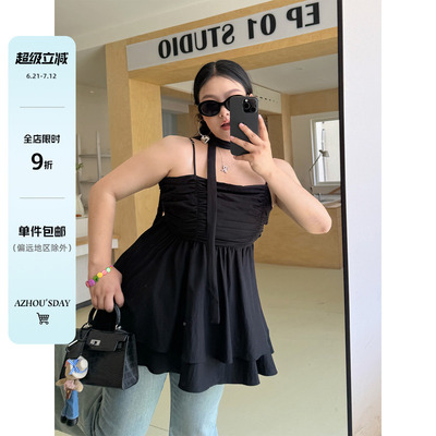 阿周家大码微胖黑色吊带娃娃衫夏季胖MM辣妹bi备设计感显瘦上衣