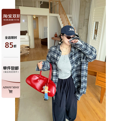 阿周家大码微胖纯棉磨毛格子衬衫女秋季胖MM设计感百搭衬衣有垫肩