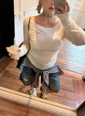 阿周家“冰美式瘦瘦t”氧气少女感大领口收腰紧身印花T恤防晒衫