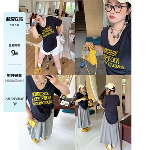 胖MM宽松显瘦百搭薄款 阿周家大码 T恤夏季 微胖女装 上衣 字母V领短袖