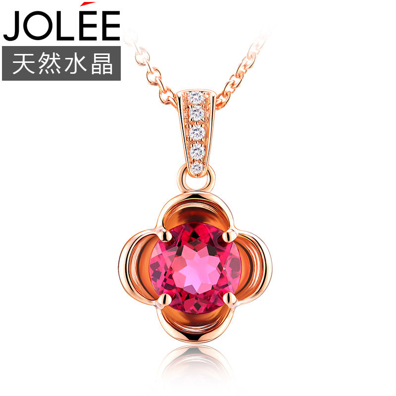 项链18K金吊坠红碧玺配钻石锁骨链简约首饰品送女友生日节日礼物