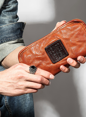 真皮钱包男长款 阿美咔叽美式复古手拿包牛皮 潮男个性拉链大容量