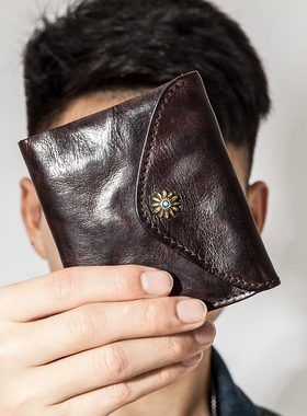 男士全牛皮小钱包男短款折叠软皮复古手工真皮钱夹女小款超薄小巧