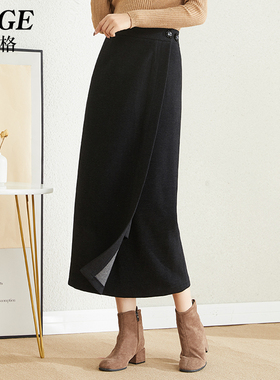 2025新款一片式裙子女秋冬长裙围裹式半身裙女士冬季加厚呢绒裹裙