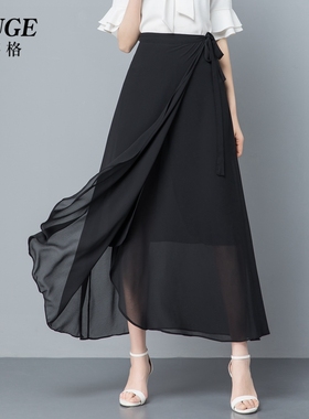 女士夏季雪纺裙子新款黑色长裙绑带裹身裙一片式半身裙女系带裹裙