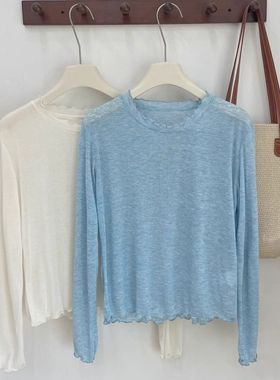 December十三行女装2025新款秋季韩系薄款打底衫波浪边长袖针织衫