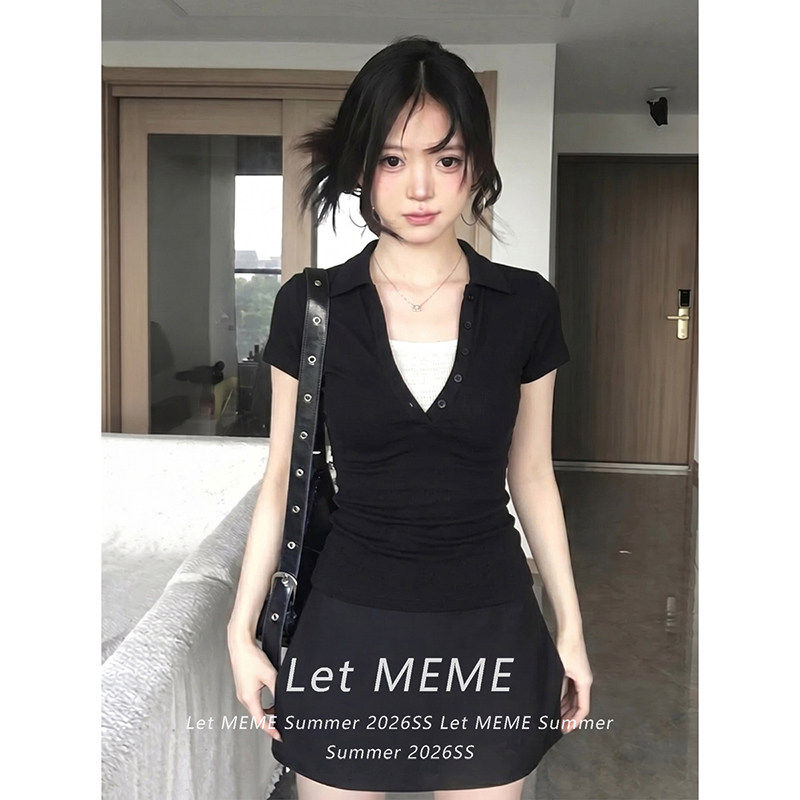 黑色假两件v领正肩短袖t恤女夏2026新款夏季修身紧身收腰短款上衣