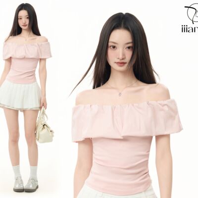 iiiamX粉色荷叶边一字肩露肩短袖t恤女夏季2025新款修身法式上衣
