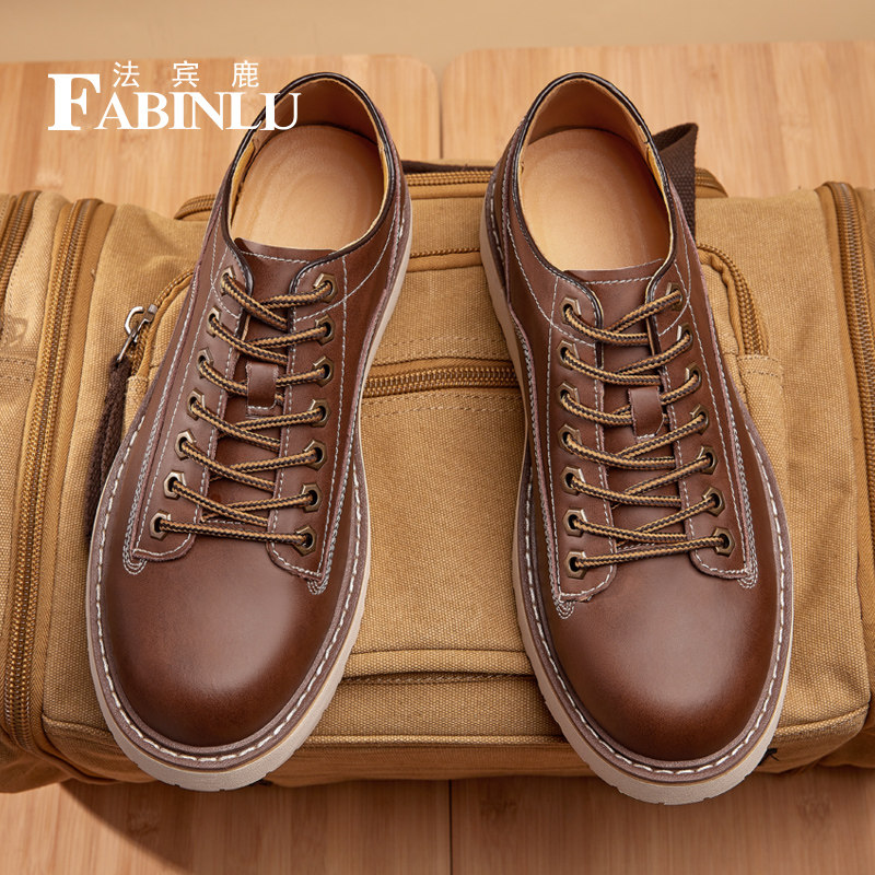 法宾鹿工装鞋男马丁鞋低帮休闲厚底男鞋户外复古车缝线大头皮鞋