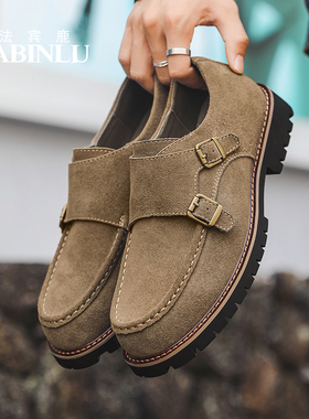 法宾鹿孟克鞋英伦风搭扣男鞋2025春季新款百搭德比鞋休闲反绒皮鞋