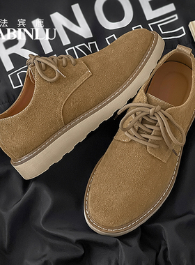 法宾鹿复古工装男鞋2025春季反绒面低帮休闲大头真皮鞋英伦风鞋子