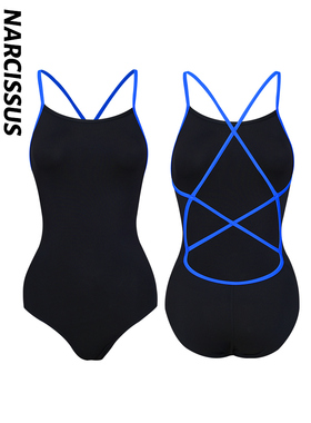 水仙SWIM黑色显瘦简约百搭吊带连体女士显瘦游泳竞速训练运动泳衣