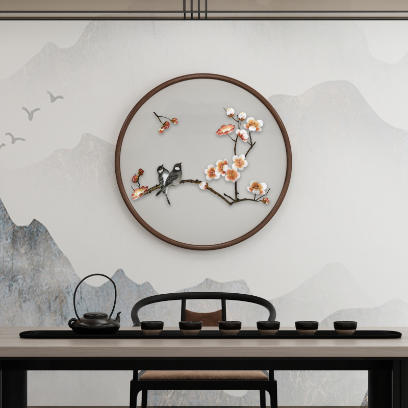 新中式入户玄关装饰画双面刺绣餐厅圆形挂画书房客厅壁画双喜临门图片