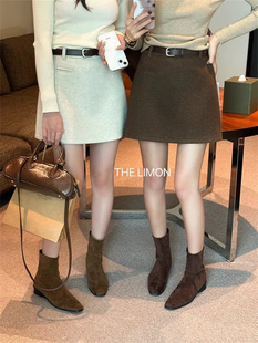 韩版气质通勤配腰带毛呢纯色简约半身裙女秋冬高腰显瘦a字短裙