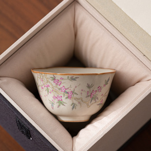 米黄汝窑紫藤粉花客杯茶杯品茗杯开片陶瓷功夫茶具主人杯单杯手绘