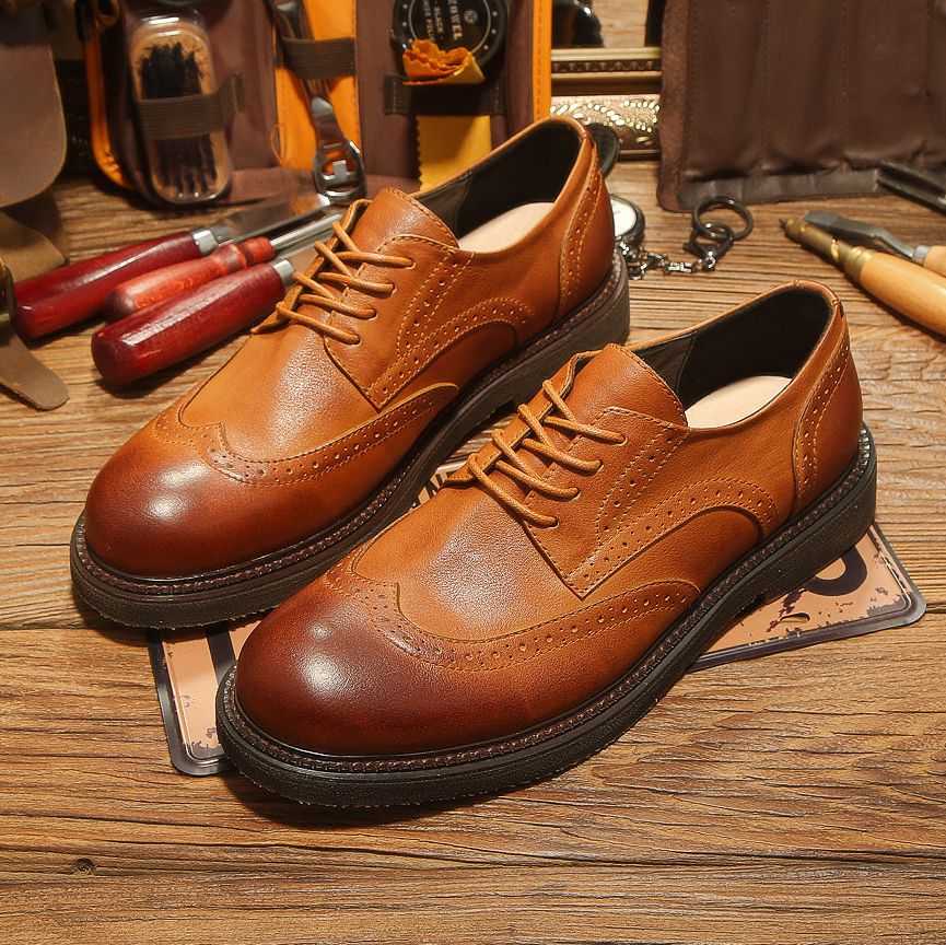 2024春季新款水洗马皮布洛克雕花休闲韩版真皮英伦风复古皮鞋男